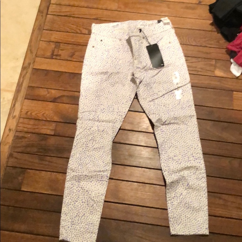 Purple patterned white jeans